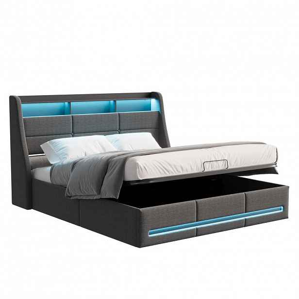 ČALOUNĚNÁ postel 140x190 cm s úložným prostorem, LED čelem, USB a lamelovým roštem, šedá