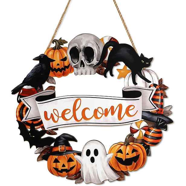Halloweenský Věnec Na Dveře Dřevěný 29X28 CM Lebka Dýně Duch