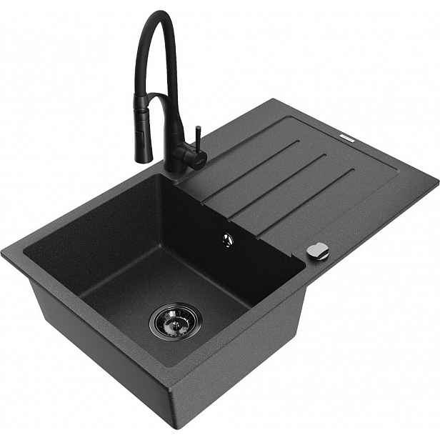 MEXEN - Bruno granitový dřez s odkapávačem včetně baterie Aster, černá kropenatá 6513-76-73450-70-B