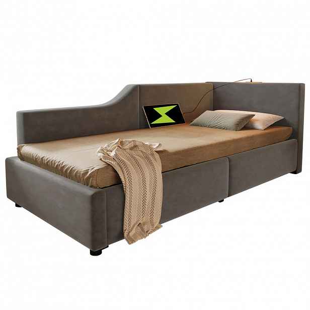 FLIEKS DENNÍ POSTEL 90x190cm Samet USB-C LED Šedá