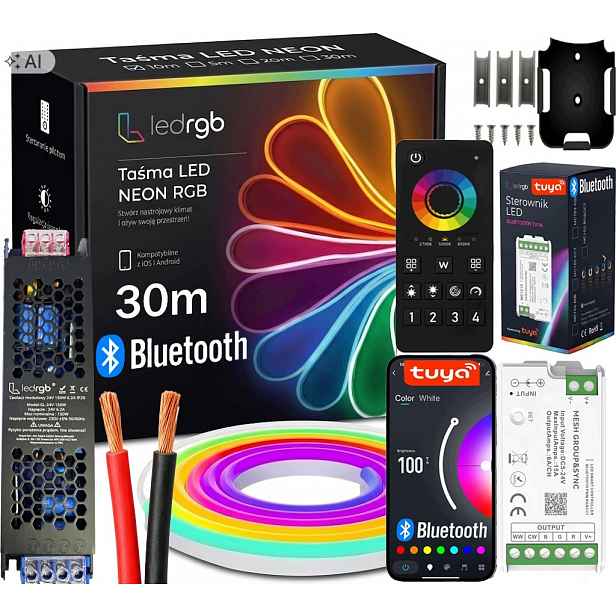 Set Led Pásek Neon 30M Rgb 2x15M Aplikace Bt Tuya Dálkový Ovladač Napájecí Zdroj Montáž