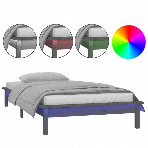 vidaXL Rám postele s LED světlem šedý 90 x 200 cm masivní dřevo
