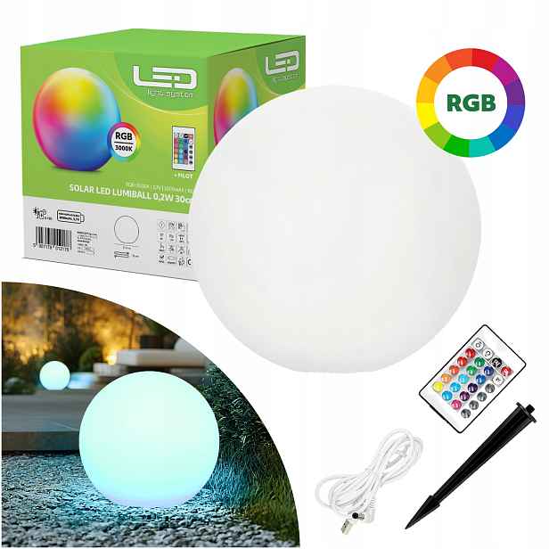 2x Solární Led zahradní lampa Lumiball 30 cm 3000K Rgb IP65 Lls Ovladač Usb