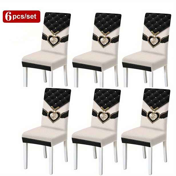 TEMU Potahy na jídelní lavice 2/4/6 ks, tmavý luxusní styl, černá a zlatá, se vzorem srdce, křídla a diamantů, vhodné pro restaurace, , obřady,