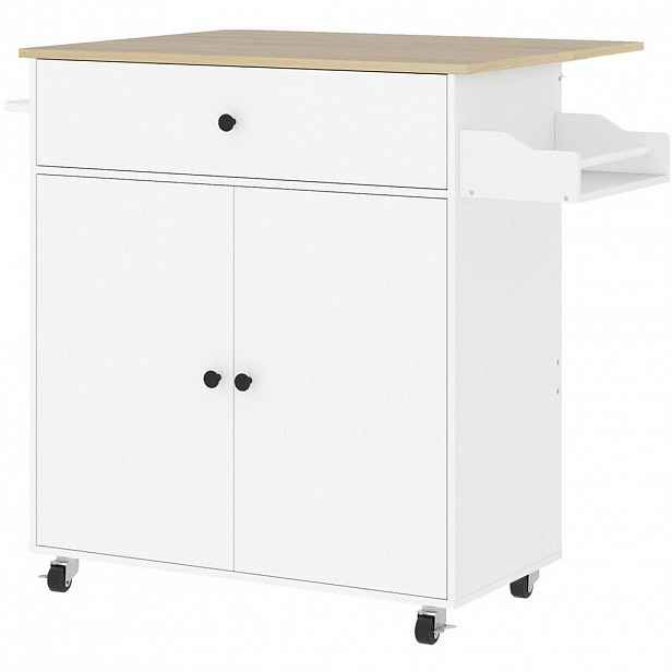 Redom KUCHYŇSKÝ ostrůvek 106/42/87 cm s výklopnou pracovní deskou, zásuvkou, skříňkou a kolečky, Bílá