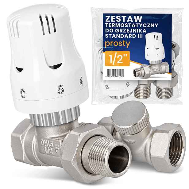 Termostatický Ventil Set 1/2 Rovný Hlava radiátoru ohřívače Zpět