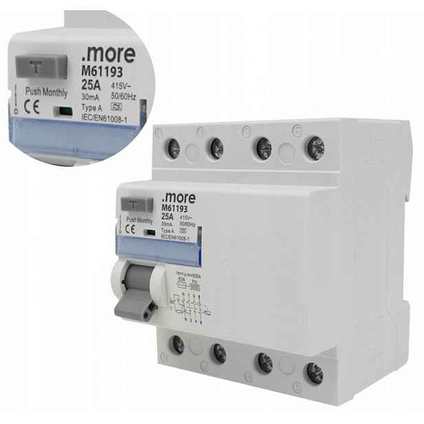Diferenciální proudový spínač Typ A 6kA 4P 25A 30mA 415V na lištu Ecolight