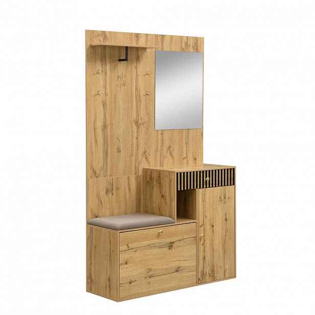 Modfu PŘEDSÍŇOVÁ stěna z MDF 110x37x185 cm černá a přírodní se zrcadlem, čalouněným sedákem a nastavitelnými policemi