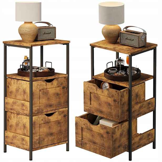 Noční Stolek Stolek Ložnice Komoda 2 Zásuvky Tmavě Hnědý Loft Retro 80 CM