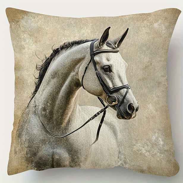 TEMU 1 Elegantní jezdecký polštářový potah s koně, 45,72x45,72 cm, ultra-měkký krátký plyšový , oboustranný tisk se zipem - moderní dekorace do