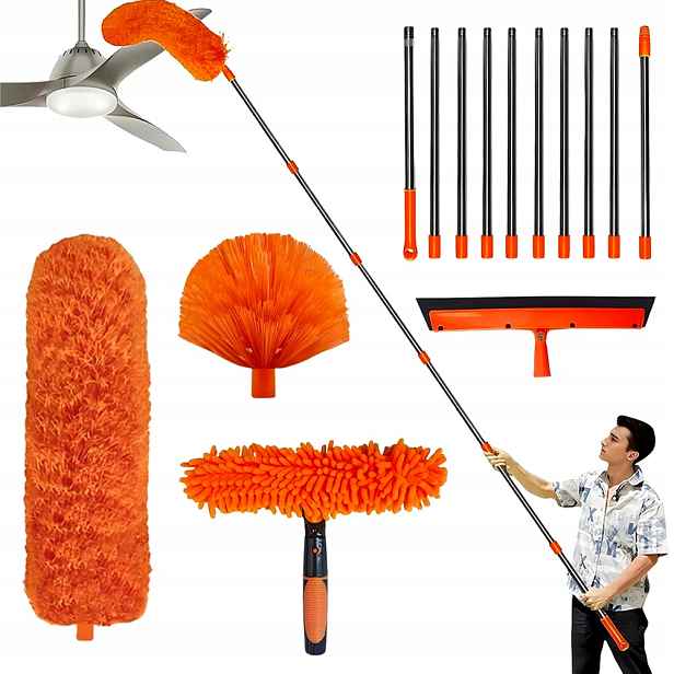 Teleskopický Mop Se 4 Čisticími Hlavicemi Pro Vysoké Stropy, Oranžový