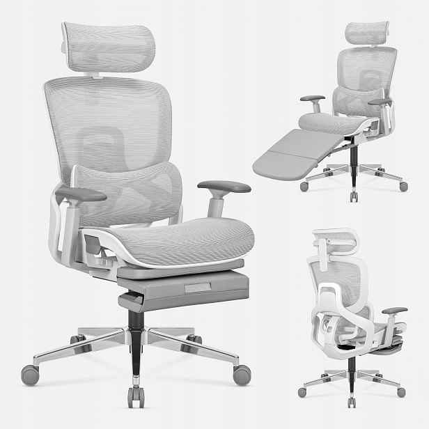 Ergonomické kancelářské křeslo Mark Adler šedé otočné s nastavitelnou opěrkou nohou