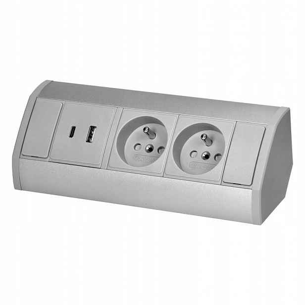 Nábytková zásuvka 2x2P+Z, 2xUSB (typ A+c; 2,4A), šedo-stříbrná