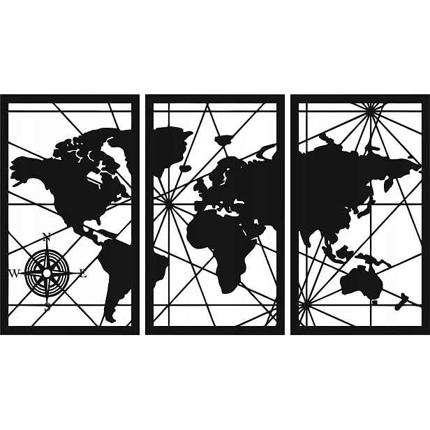Mapa světa ažurová triptych 60 cm dřevěná základna mech chrobotek 3d barvy