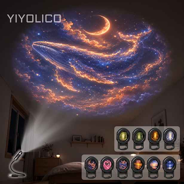 TEMU Léčivá LED projekční lampa s atmosférou krajiny, snové oblačné moře, mraky ve tvaru srdce, měsíc a hvězdná obloha, pobřežní západ slunce,