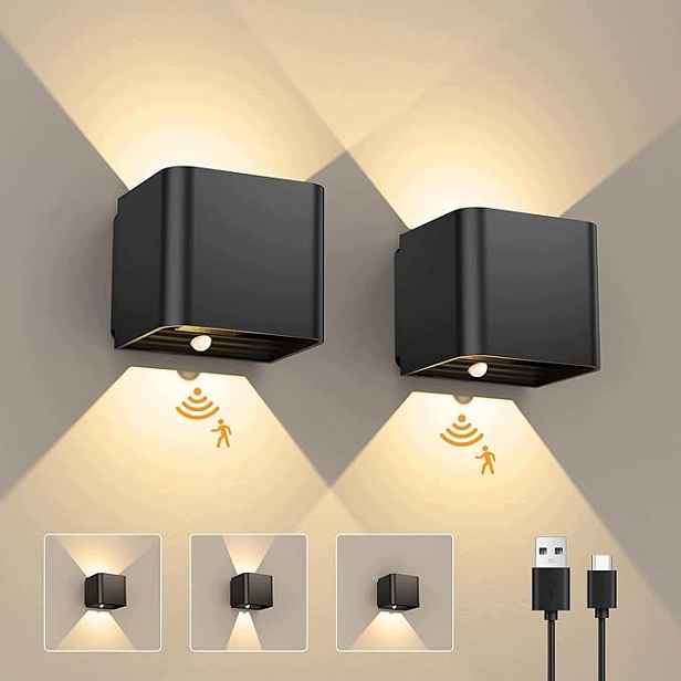 Led nástěnné svítidlo s pohybovým senzorem, akumulátorové, 4700 mAh, černé, 2 ks