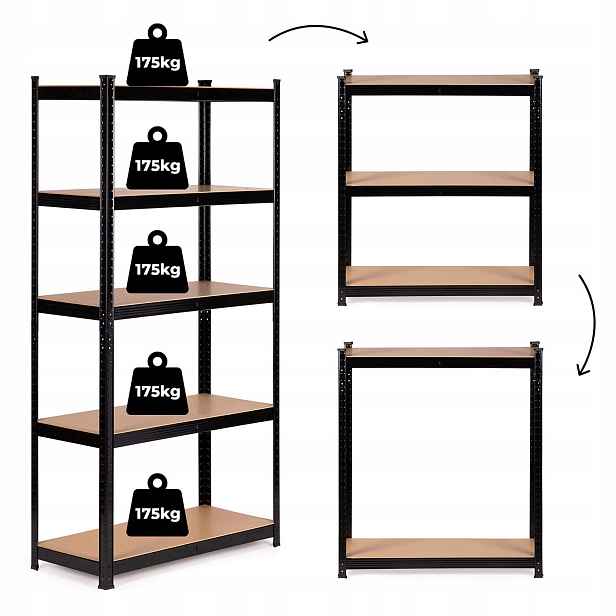 ModernHome G9040B Kovový regál 180×90×40 cm, 5 polic, nosnost 875 kg, černý
