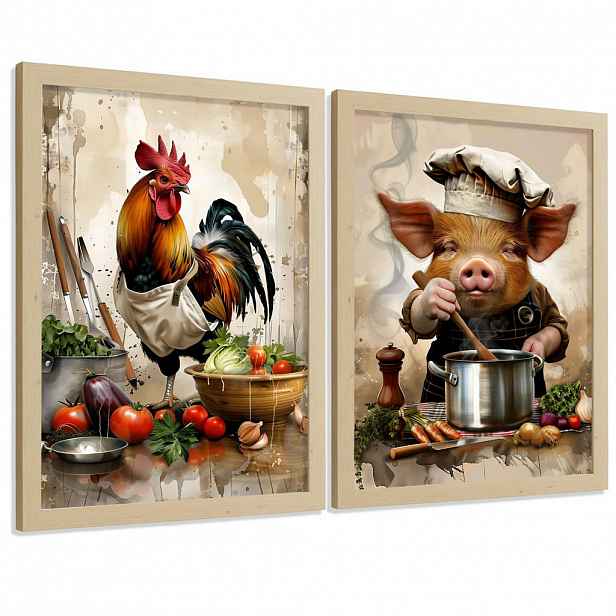 Nacnic PLAKAT Sada 2 Animal Chef A3 Lehký dřevěný rám