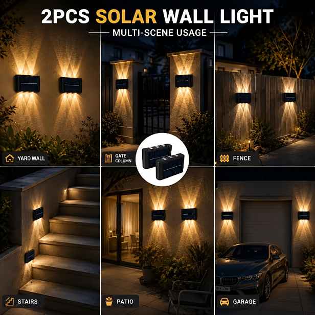 TEMU Sada 2 ks, 6 ks LED solárních nástěnných světel pro venkovní použití, solární osvětlení staveniště, světla na plot, zahradní světlo, nástěnná