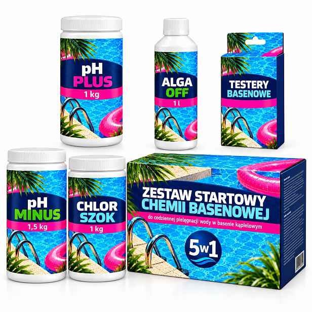 Komplet 5V1 Pro Bazénovou Vodu Alga Off Ph Plus Chlor Šok Tester Ph Minus