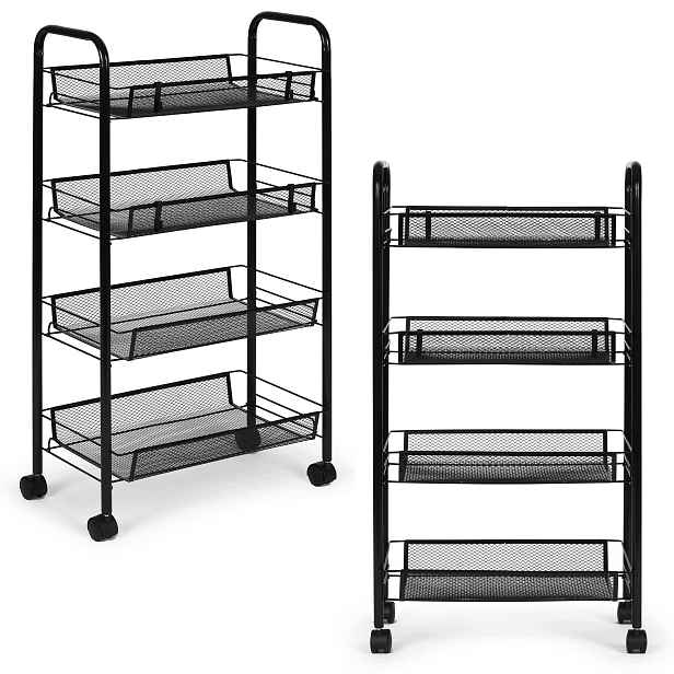 ModernHome VP4-1 Kovový pojízdný regál se 4 košíky, 84 x 45 x 26 cm, černý
