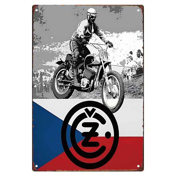 TEMU 1 ks cedule s motocyklistou na motocyklu značky CZ s českou vlajkou v pozadí. 8x12 palců, vhodná pro domov, kavárnu, restauraci, kuchyň, obývací