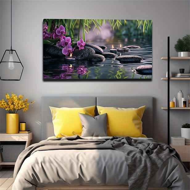 TEMU Velké Nezarámované Plátno 20x40 Palců - Bohémská Moderní Krajina s Osvětlenými Svíčkami na Kameny, Orchidejemi & Odrazy Vody, Živý Přírodně
