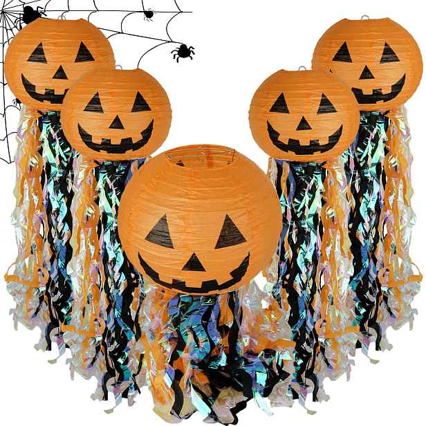 TEMU 5 ks Halloweenské papírové lucerny se závěsnými šňůrkami, skládací dýňové ozdoby pro vnitřní i venkovní halloweenskou párty dekoraci