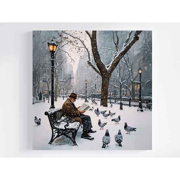 Obraz Na Plátně Canvas Město Park Lavička Muž Zima Sníh Ptáci 50x50
