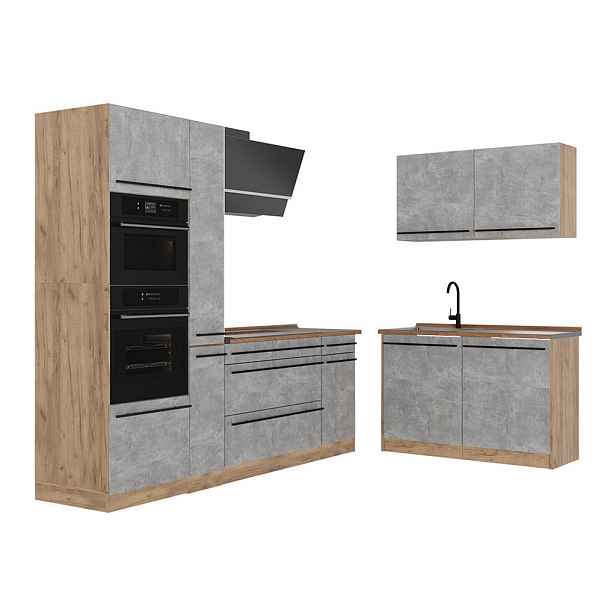 Vicco ROHOVÁ KUCHYŇ R-Line, Beton/Zlatý mocný dub, 230 x 120 cm pracovná doska Dub Goldkraft