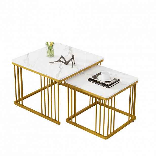 Modfu SADA konferenčních stolků z MDF 60x60x45 cm a 45x45x40 cm bílá se vzhledem mramoru, zasouvací