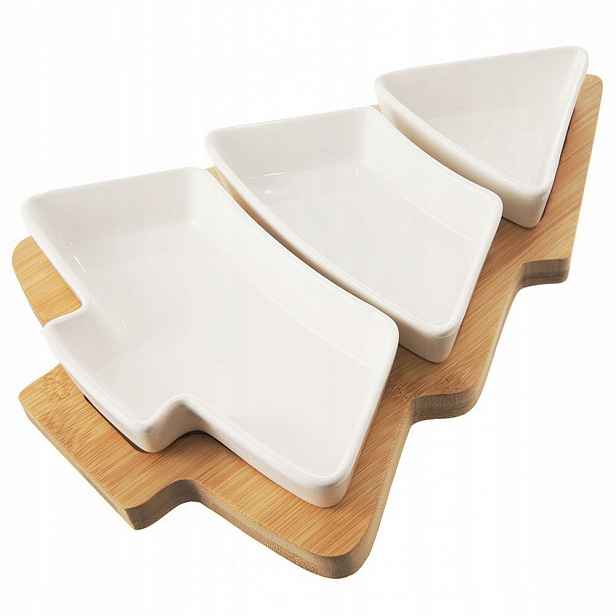 Porcelánové misky na občerstvení, bílé, na podnosu, vánoční stromek, 4 el.