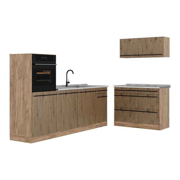 Vicco KUCHYŇSKÝ KOUT R-Line, Řemeslný dub/Zlatý mocný dub, 220 cm pracovná doska Mramor