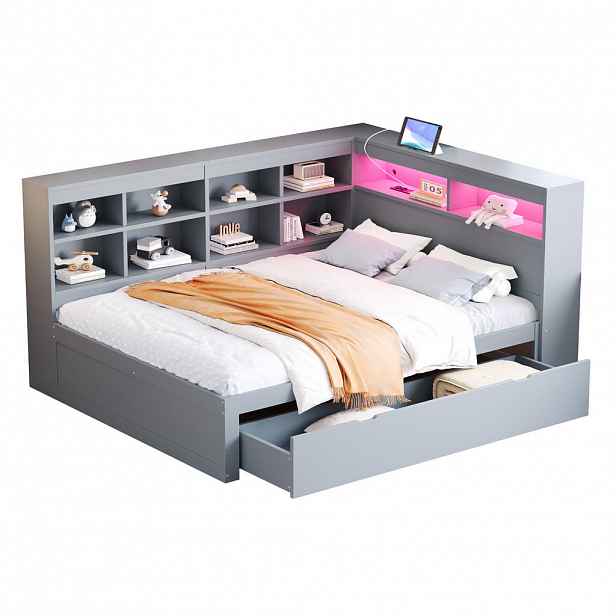 FLIEKS POSTEL 140x200cm Masiv Dřevo USB LED Zásuvky Šedá