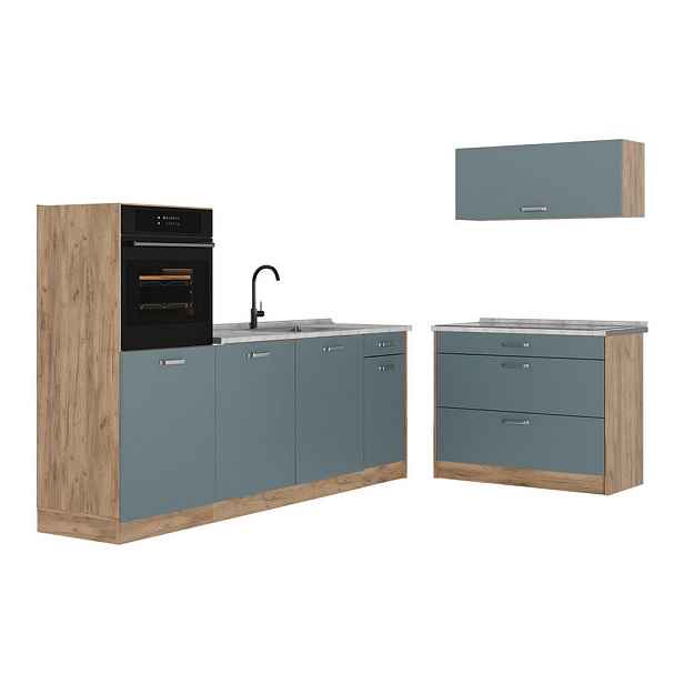 Vicco KUCHYŇSKÝ KOUT R-Line, Modrošedá/Zlatý mocný dub, 220 cm pracovná doska Mramor