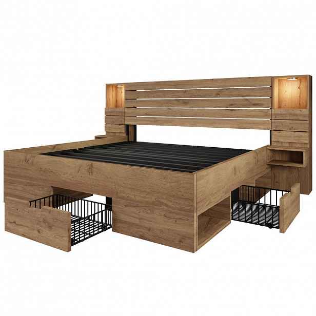 Modfu MANŽELSKÁ postel z MDF a kovu 160x200 cm dekor dubu s LED osvětlením, USB-C a úložnými zásuvkami