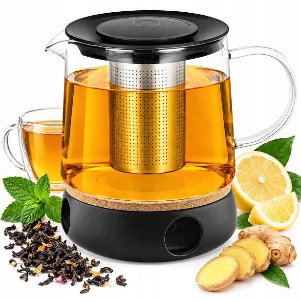 Konvice na čaj skleněná na bylinky ocelové sítko 1,5 l Ohřívač