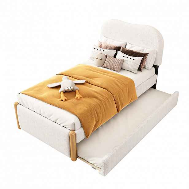 Modfu ČALOUNĚNÁ postel z plyše a MDF 90x200 cm bílá s výsuvným přistýlkovým lůžkem v minimalistickém designu