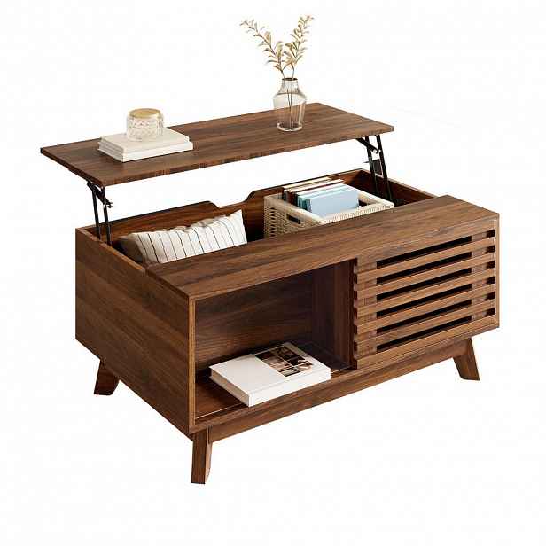 Modfu KONFERENČNÍ stolek z MDF 90x55x57,5 cm ořechová barva s výškově nastavitelnou deskou a posuvnými lamelovými dvířky