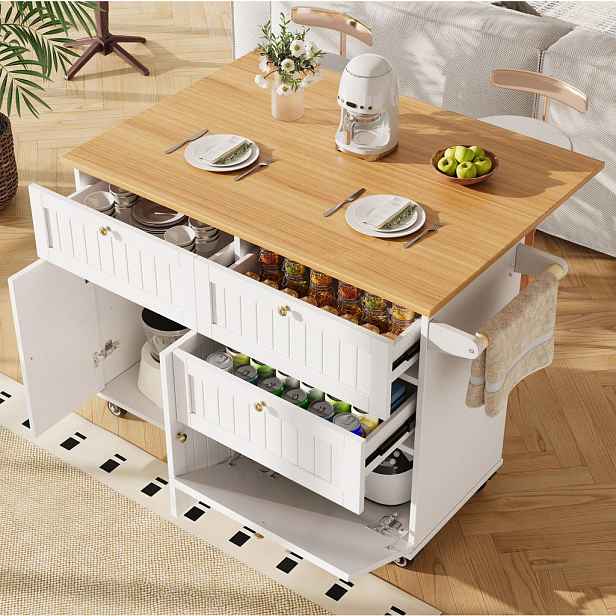 Modfu KUCHYŇSKÝ ostrůvek z MDF 133x37,3x88 cm bílý na kolečkách se sklápěcí deskou a úložným prostorem