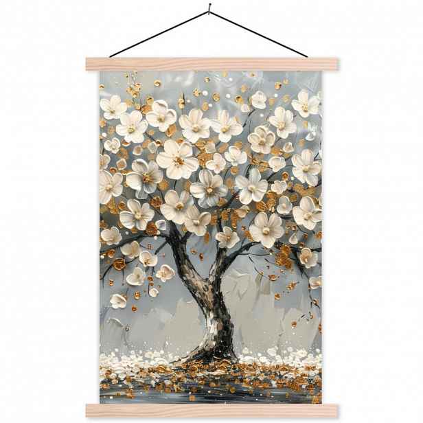 MuchoWow PLAKÁT S MAGNETICKOU LIŠTOU Strom - Květiny - Bílá - Příroda - Umění 60x90 cm