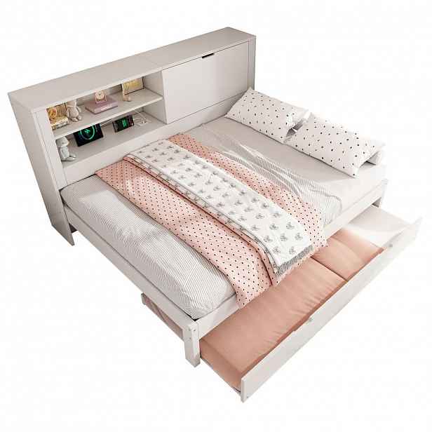Modfu ROZKLÁDACÍ postel z dřeva 140x190 cm bílá s výsuvným lůžkem 90x190, USB/USB-C a úložnou zadní stěnou