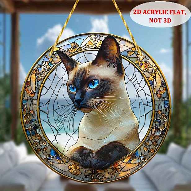 TEMU 2D plochý tisk Siamská kočka Akrylová závěsná dekorace, lapač slunce (20 cm x 20 cm), vhodná pro zahradu, okno a dekoraci chodby - Vynikající