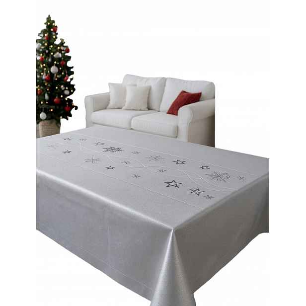 Vánoční ubrus stříbrný 140x220 lesklý elegantní Srebrba Hvězda