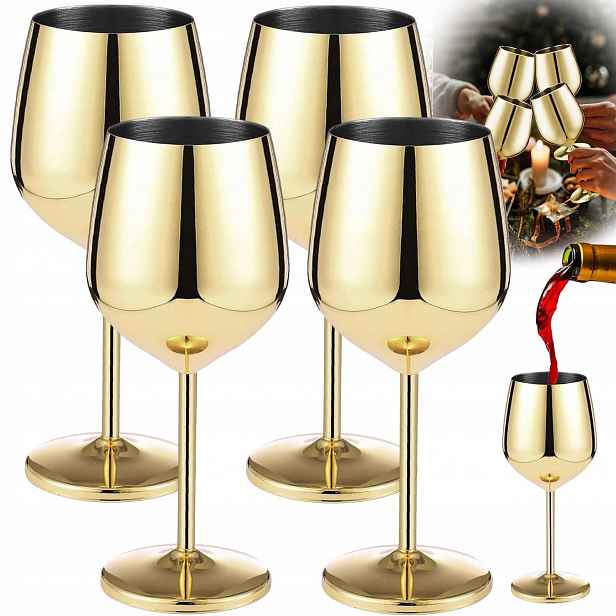 4X Zlaté Skleničky Na Víno Z Nerezové Oceli 500 ML Na Víno A Nápoje