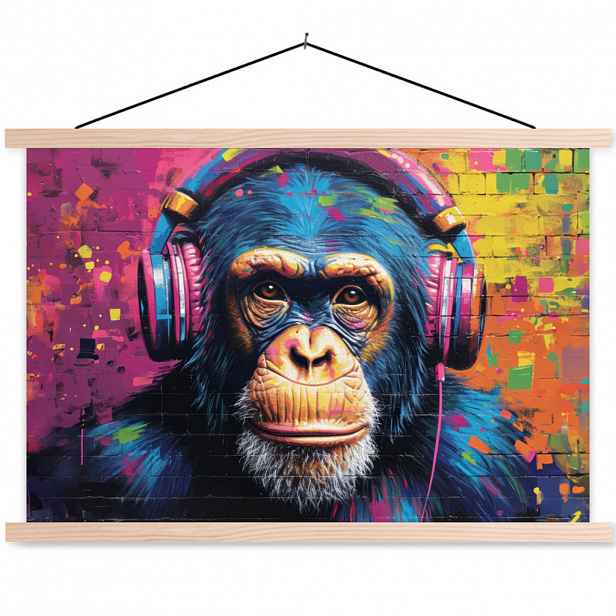 MuchoWow PLAKÁT S MAGNETICKOU LIŠTOU Graffiti - Šimpanz - Street art - Sluchátka - Opice 60x40 cm
