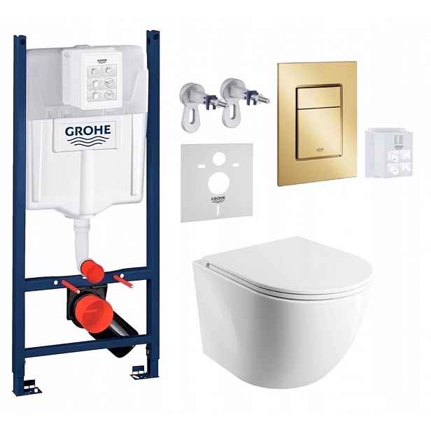 Wc stojan Grohe Rapid s miskou Omnires Cmwbp Rimless a zlatým tlačítkem
