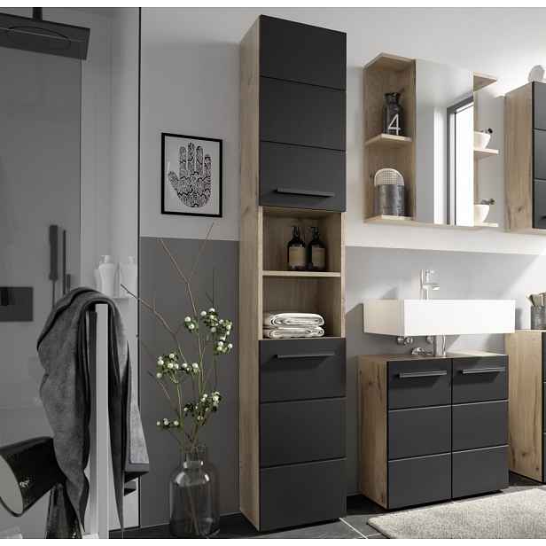 Vysoká koupelnová skříňka Vista 34 cm, dub viking/černá