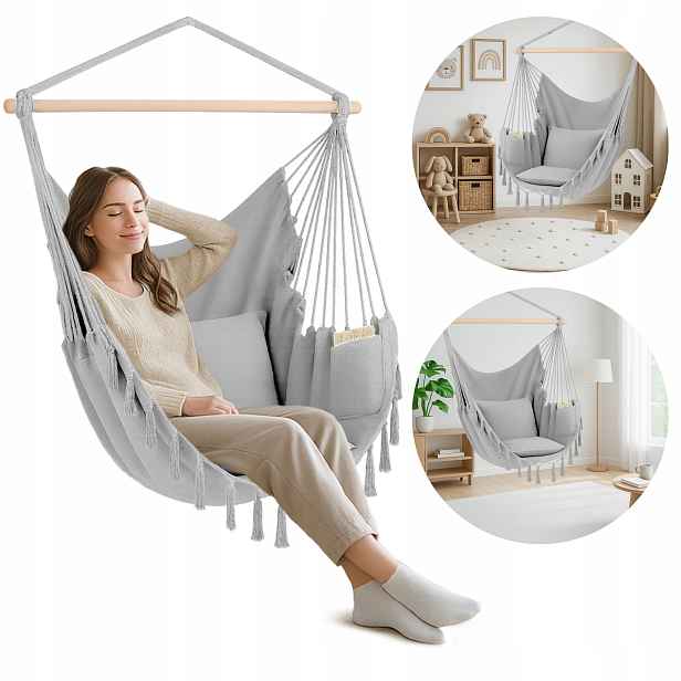 Závěsné křeslo Boho Brazilské zahradní houpací křeslo na balkon Šedé