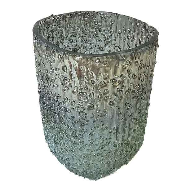 Šedo-zelený skleněný svícen Goulden s vroubkováním a bublinkami S - 8*8*9 cm Clayre & Eef